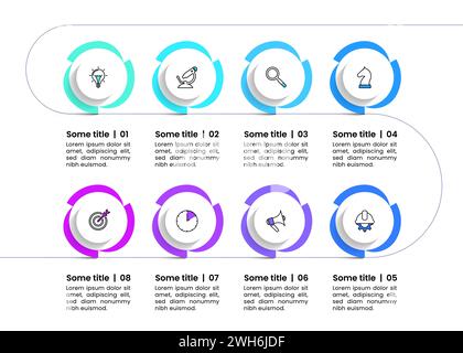 Modello infografico con icone e 8 opzioni o passaggi. Ingranaggi in linea. Può essere utilizzato per layout del flusso di lavoro, diagrammi, banner, webdesign. Illustrazione vettoriale Illustrazione Vettoriale