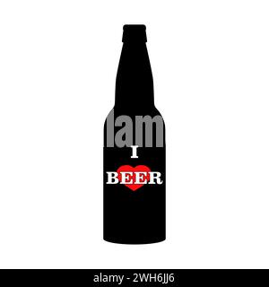 Cornice per bottiglia di birra con cuore rosso e testo. Silhouette nera. Illustrazione vettoriale isolata. Illustrazione Vettoriale