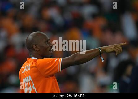 7 febbraio 2024: Gesti di Didier Drogba (Costa d'Avorio) durante una Coppa d'Africa - semifinale, Costa d'Avorio contro Congo, allo stadio Alassane Ouattara, Abidjan, Costa d'Avorio. Kim Price/CSM Foto Stock