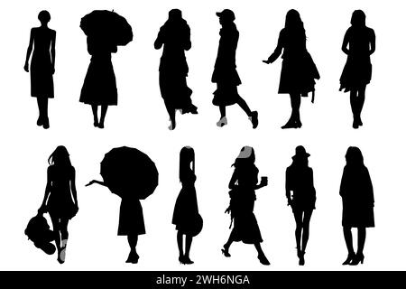 Sagome di giovani donne in cammino, gruppo di persone isolate su sfondo bianco Foto Stock