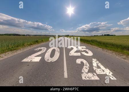 numeri 2023, 2024 e iniziano su strada asfaltata con l'alba o il tramonto sullo sfondo del cielo. concetto di destinazione in futuro, libertà, inizio lavoro, r Foto Stock