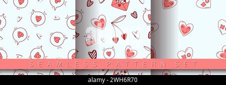 Set di motivi senza cuciture per San Valentino con elementi di cuore e amore su sfondo bianco. Set di temi vettoriali, romanticismo per biglietti, banner, f Illustrazione Vettoriale