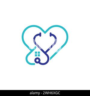 Design grafico del logo del vettore sanitario della casa. Finestra casa con medico stetoscopio medico per la clinica ospedale casa cura logo design Illustrazione Vettoriale