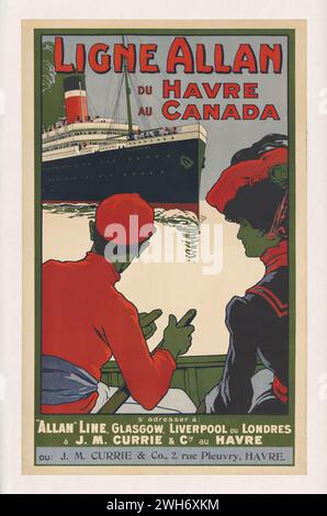 Poster da viaggio vintage. Nave della Allan Line, con servizio da le Havre in Francia al Canada. In francese Foto Stock