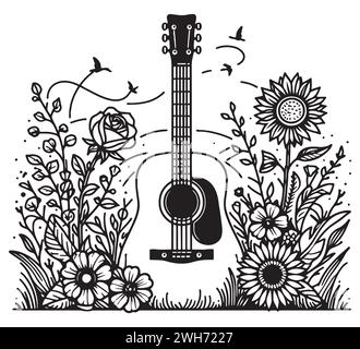 chitarra acustica decorata con fiori, stile line art, tema musicale hippie primaverili e natura Illustrazione Vettoriale