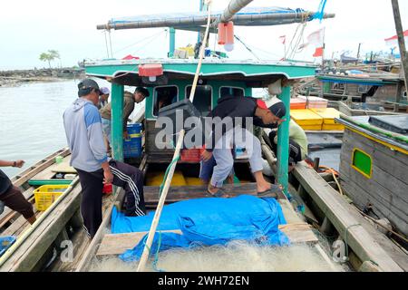 Lampung, Indonesia, 7 ottobre 2022: I pescatori o i membri dell'equipaggio selezionano il pesce in un cesto che è stato appena catturato e sarà pesato. Foto Stock