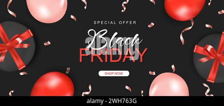 Banner a saldi orizzontale Black friday con palloncini lucidi realistici, confezione regalo e testo del nastro su sfondo nero. Illustrazione vettoriale Illustrazione Vettoriale