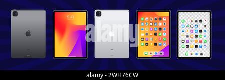 IPad Apple. IPad Mini, Air, Pro 2021. Schermo ipad anteriore, posteriore ipa Collezione di tablet realistici. Mockup dispositivo, macos, IOS, colore bianco e nero Illustrazione Vettoriale