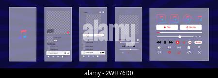 Interfaccia musicale Apple. App musicale. Modello di applicazione su iPhone mockup. Lettore musicale in abbonamento. Profilo, brano, album, playlist. Pausa, nota, ricerca Illustrazione Vettoriale