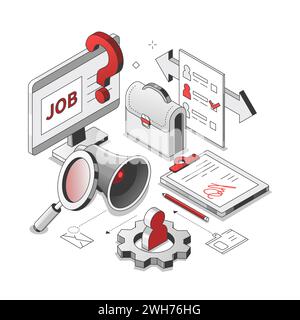 Ricerca lavoro - illustrazione isometrica con linea rossa e nera Illustrazione Vettoriale