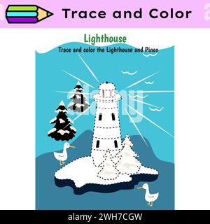 Foglio di lavoro attività linee di traccia penna per bambini. Controllo a matita per bambini che praticano abilità motorie. Foglio di lavoro stampabile didattico Lighthouse Illustrazione Vettoriale