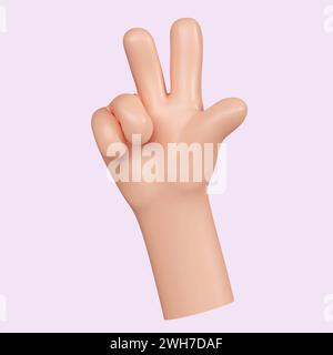Gesto della mano del personaggio di cartoni animati 3D. Contando sulle dita. Gesto della mano numero tre. Il pollice. icona isolata su sfondo rosa. rendering 3d. Foto Stock