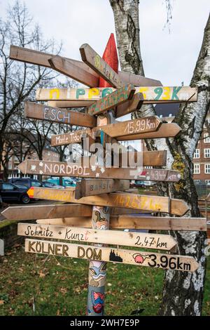 Nel giardino scolastico della scuola Theodor-Heuss, nel distretto di Suelz, Colonia, Germania, è presente un cartello con le informazioni sulla distanza. ein Wegweise Foto Stock