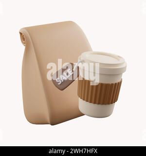 Tazza da caffè 3D marrone con coperchio e icona di rendering a strisce Foto Stock