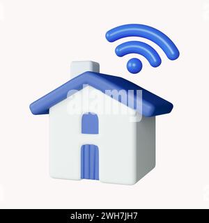 Smart Home 3d e WIFI. Controllo intelligente della casa. Sistema di casa digitale. Connessione online dello smartphone. Rete Wi-Fi. icona isolata su bianco Foto Stock