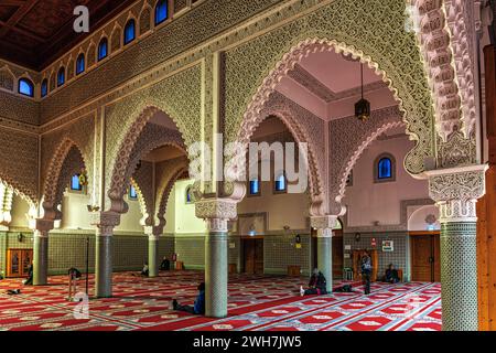 Interni riccamente decorati, gioiello dell'arte Hispaan-Moorish della grande Moschea Mohammed vi a Saint Etienne. Saint Etienne, dipartimento della Loira, Francia Foto Stock