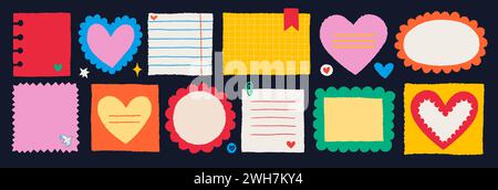 Appunti di san valentino su adesivi. Note adesive Vector vintage e pagine con bordi strappati Illustrazione Vettoriale