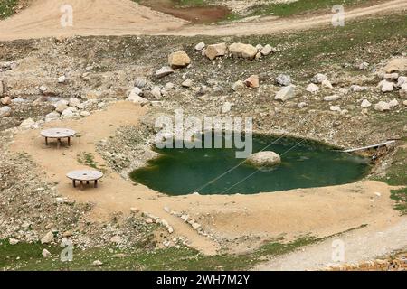 Regione di Kusar. Azerbaigian. 04.17.2016. Lago azzurro con trote sulle montagne. Foto Stock