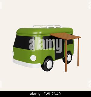 Camper 3d verde. Concept Summer Adventure and Tourism. icona isolata su sfondo bianco. illustrazione del rendering 3d. Tracciato di ritaglio. Foto Stock