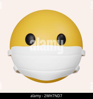 emoticon 3d con maschera medica. ospedale evitare la malattia diffusa. icona isolata su sfondo grigio. illustrazione del rendering 3d. Tracciato di ritaglio. Foto Stock