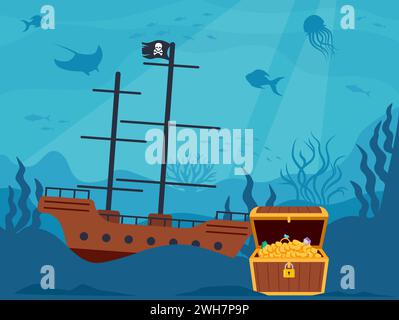 Scenario sottomarino con cassa del tesoro dei pirati aperta e nave dei pirati sul fondo. Illustrazione vettoriale Illustrazione Vettoriale