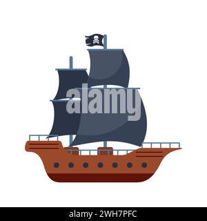 Nave pirata con bandiera e vele nere con cranio. Illustrazione del vettore piatto Illustrazione Vettoriale