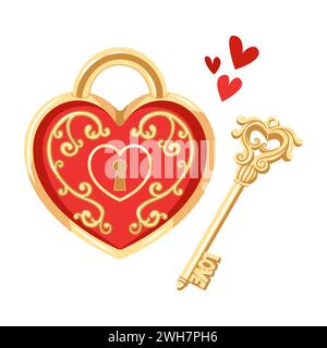 Illustrazione vettoriale della serratura a forma di cuore con motivo e della relativa chiave. Disegno romantico di oggetti per san valentino. Illustrazione Vettoriale