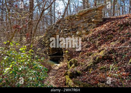 Percorrendo un sentiero che porta all'apertura di un vecchio ponte di pietra con un torrente che lo attraversa circondato da alberi in una giornata di sole in inverno Foto Stock