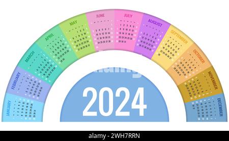 Modello di calendario trimestrale per l'anno 2024. Griglia a calendario da parete in stile minimalista. La settimana inizia domenica. Illustrazione Vettoriale