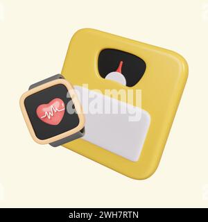 Bilancia di pesatura 3d e Smartwatch . Dieta e salute, dispositivo di misurazione del peso, concetto di sovrappeso. icona isolata su sfondo giallo. rendering 3d. Foto Stock