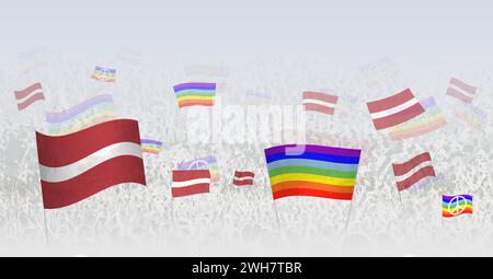 Persone che sventolano bandiere della pace e bandiere della Lettonia. Illustrazione di un throng che celebra o protesta con la bandiera della Lettonia e la bandiera della pace. Illustrazione vettoriale Illustrazione Vettoriale