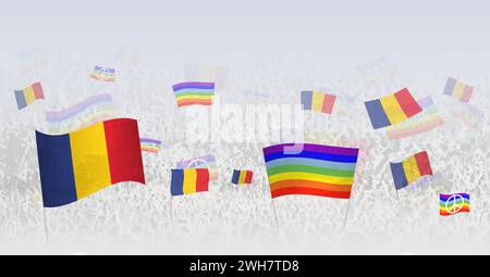 Persone che sventolano bandiere della pace e bandiere della Romania. Illustrazione di un throng che celebra o protesta con la bandiera della Romania e la bandiera della pace. Illus vettoriale Illustrazione Vettoriale