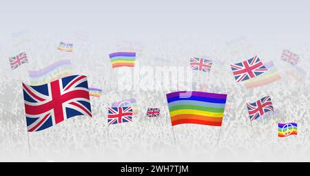 Persone che sventolano bandiere della pace e bandiere del Regno Unito. Illustrazione del throng che celebra o protesta con la bandiera del Regno Unito e la bandiera della pace Illustrazione Vettoriale