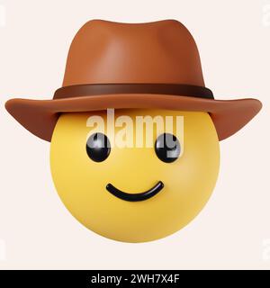 Emoji cappello cowboy 3D. Emoticon sorridente con cappello marrone in pelle. icona isolata su sfondo grigio. illustrazione del rendering 3d. Tracciato di ritaglio. Foto Stock