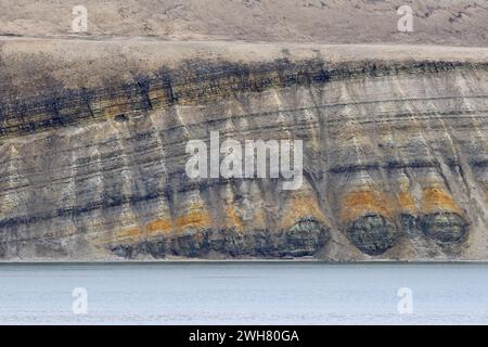 Scogliera marina che mostra strati di pietra calcarea e arenaria del periodo Permiano lungo lo stretto di Hinlopen / Hinlopenstretet, Spitsbergen / Svalbard, Norvegia Foto Stock