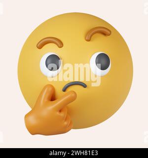 Emoji per il viso pensante in 3D. faccia emoticon mostrata con un solo dito e pollice appoggiati sul mento guardando verso l'alto. icona isolata su sfondo grigio. 3d. Foto Stock