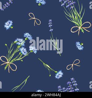 Bouquet di fiori di corno blu e illustrazione di lavanda isolata sullo sfondo. Dettaglio dei prodotti di bellezza e del set botanico, cosmetologia Foto Stock