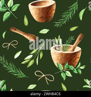 Acquerello senza cuciture con erbe aromatiche, mortaio e pestello di legno. Illustrazioni di rosmarino fresco, menta, salvia isolata sullo sfondo. Deta Foto Stock