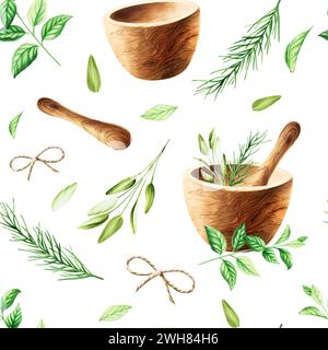 Acquerello senza cuciture con erbe aromatiche, mortaio e pestello di legno. Illustrazioni di rosmarino fresco, menta, salvia isolata sullo sfondo. Deta Foto Stock