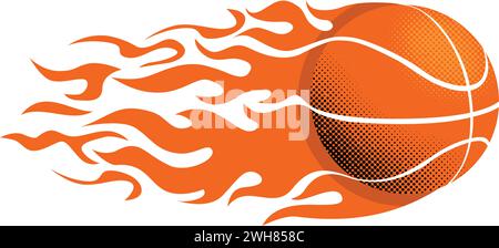 Pallone da basket in fiamme. Modello logo ELEMENT. Vettore su sfondo trasparente Illustrazione Vettoriale