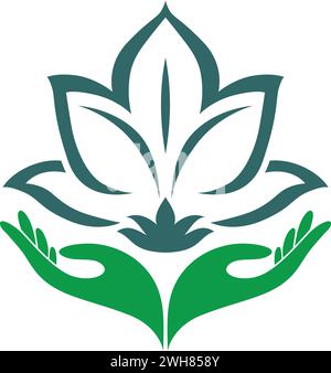 Le mani curano il fiore di loto. Mani che tengono Lotus. Icona o logo del modello vettoriale di fiori per Beauty, Spa, Fashion Illustrazione Vettoriale