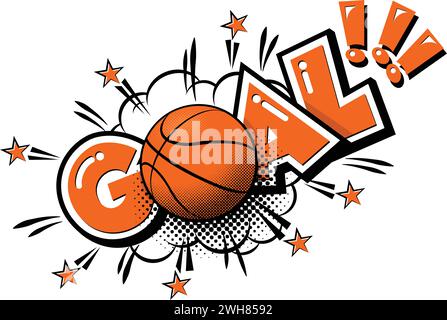 Icona del fumetto Goal basket. Bolla di testo con sfera e esplosione. Modello adesivo vettoriale su sfondo trasparente Illustrazione Vettoriale