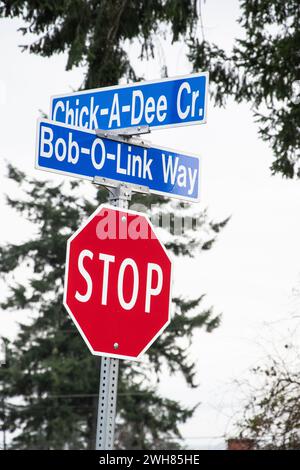 Indicazioni stradali per Chick-A-Dee Crescent e Bob-o-Link Way a Nanaimo, British Columbia, Canada Foto Stock