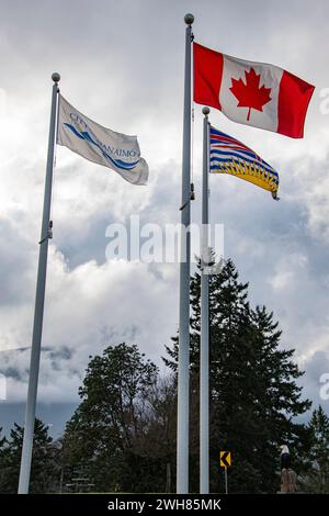 Bandiere che volano all'East Wellington Park di Nanaimo, Columbia Britannica, Canada Foto Stock