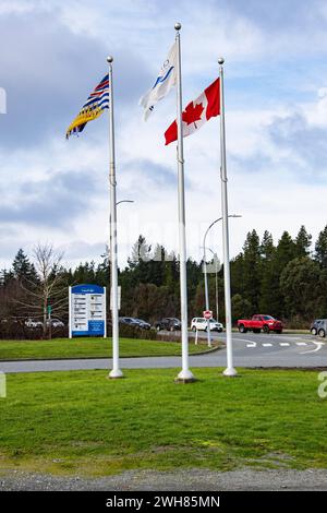 Bandiere che volano all'East Wellington Park di Nanaimo, Columbia Britannica, Canada Foto Stock