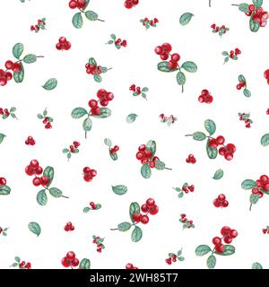 Mirtilli rossi senza cuciture. Mirtillo, frutti di bosco. Illustrazione ad acquerello per una casa accogliente. Decorazioni per ambienti, stampe e design tessile Foto Stock