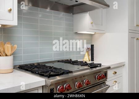 Una cucina luminosa e ben illuminata con piano cottura durante il giorno Foto Stock
