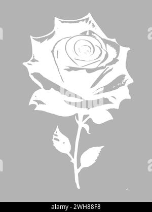 disegno lineare grafico bianco di un ramo di fiori su sfondo grigio, disegno Foto Stock