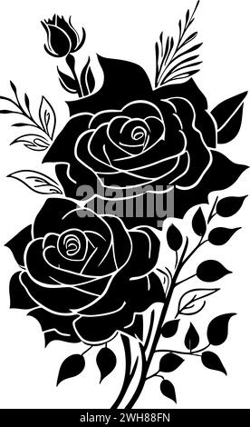 disegno grafico nero di un fiore di rosa con foglie, elemento decorativo monocromatico Foto Stock