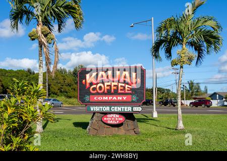 Il cartello della Kauai Coffee Company si trova a Kauai, Hawaii, USA, il 18 gennaio 2024. Foto Stock